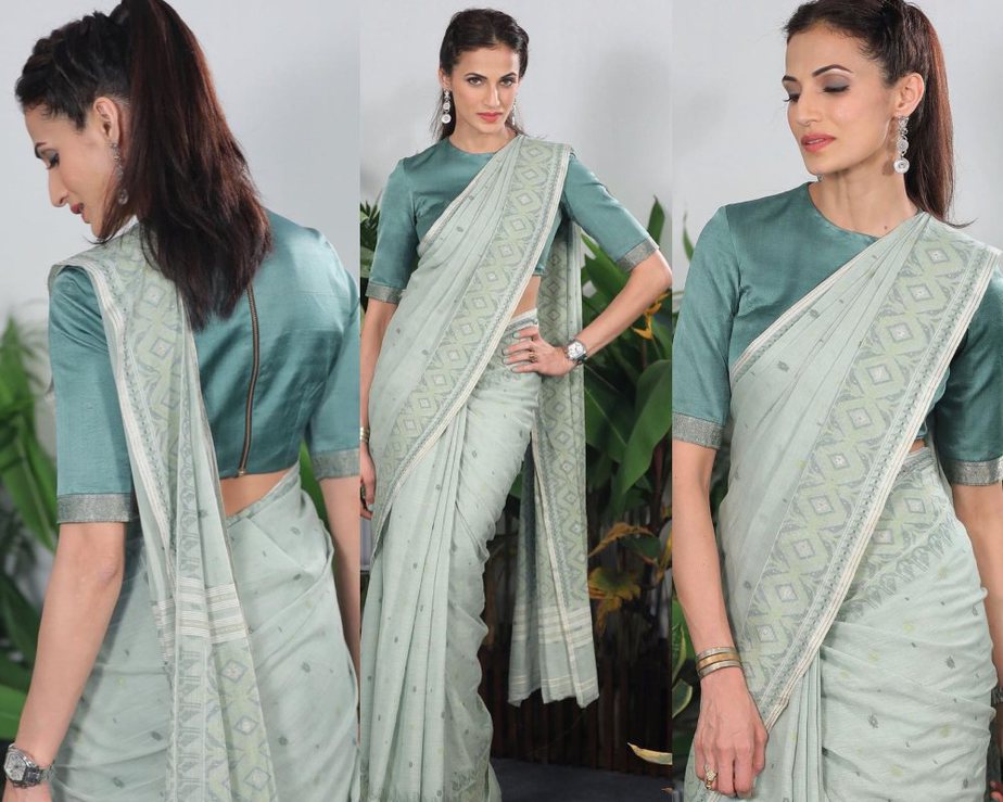 Shilpa reddy in a pastel blue hand woven saree for Q and A