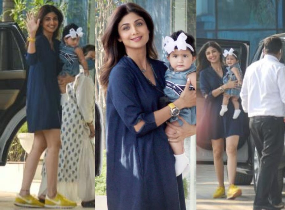 Shilpa shetty spotted with daughter in a blue basic dress