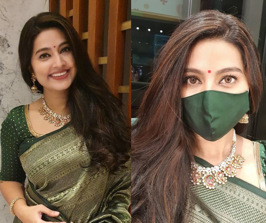 actress sneha in green full zari kanchipuram silk saree