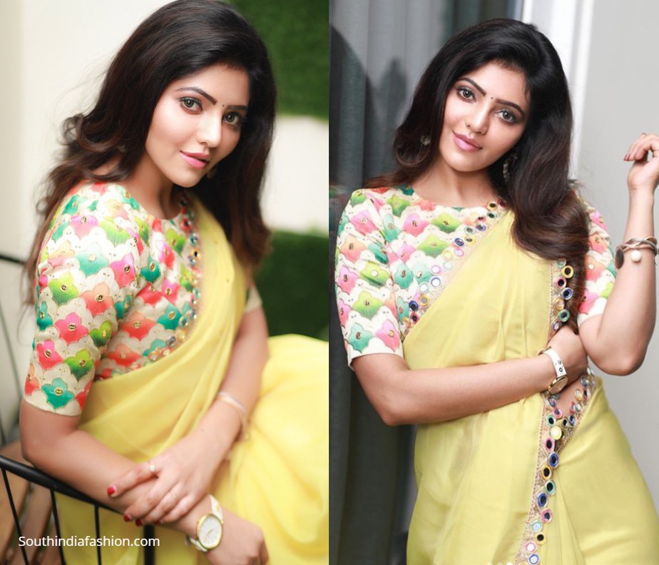 athulyaa ravi in yellow mirror work saree and multicolour blouse