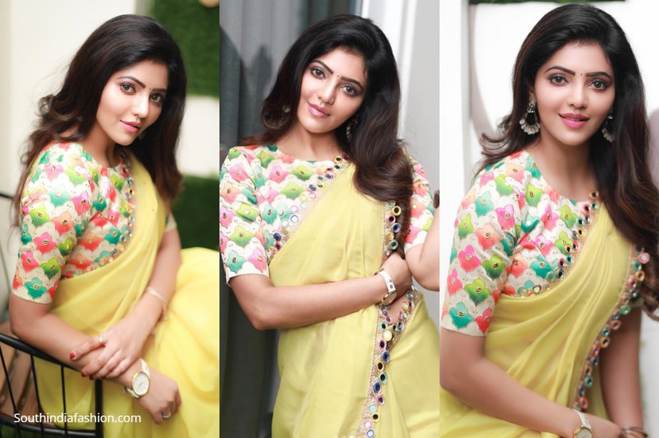 athulyaa ravi in yellow mirror work saree with multicolour blouse