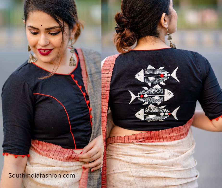 black choli with hilsa fish design on back