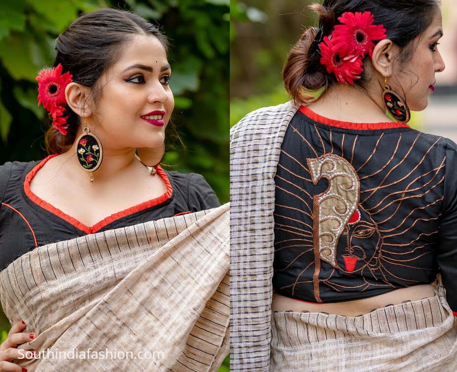 goddess kali design on black blouse with red lining