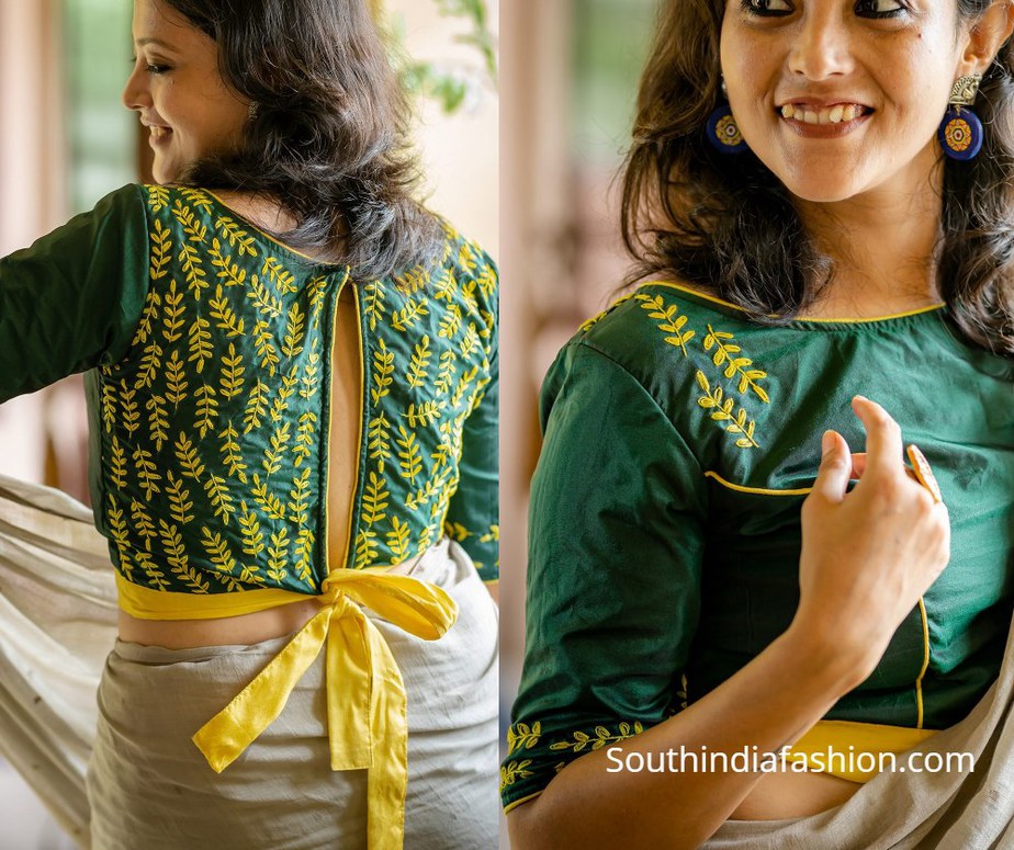 green blouse with yellow flowers and back knot