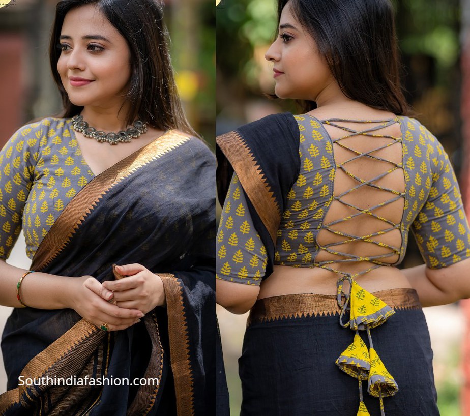 grey and yellow block printed choli with tassels on back