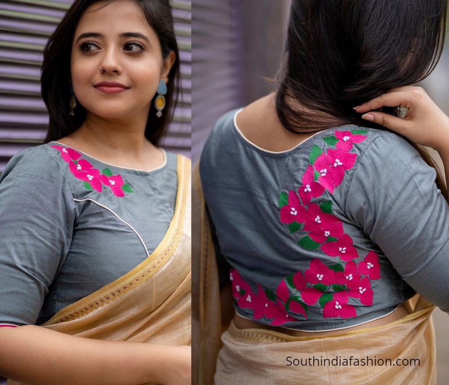 grey blouse with pink flower design