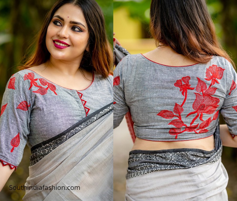 grey blouse with red rose design from motif by chandrayee