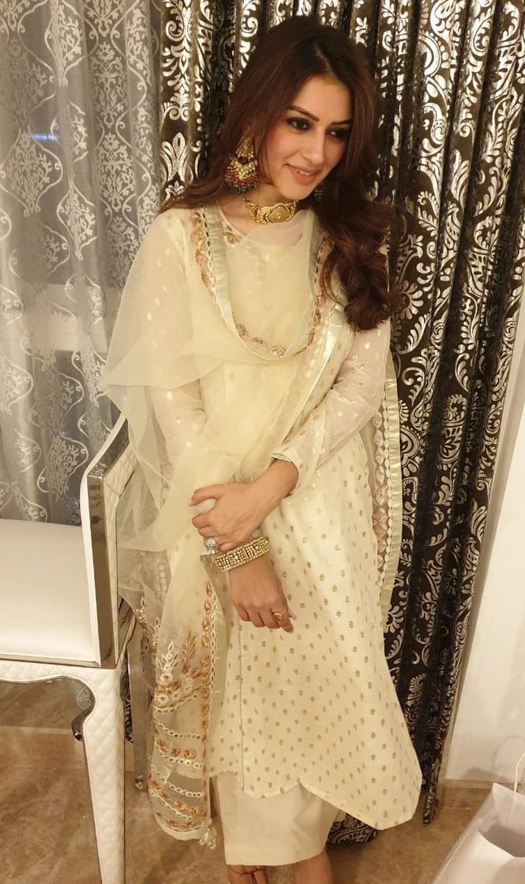 hansika motwani in off-white embroidered salwar suit set by kovet