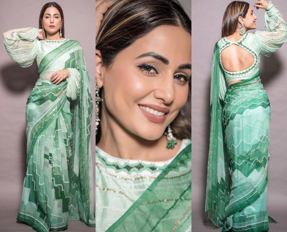 hina khan in green chiffon saree by pallavi jaipur.