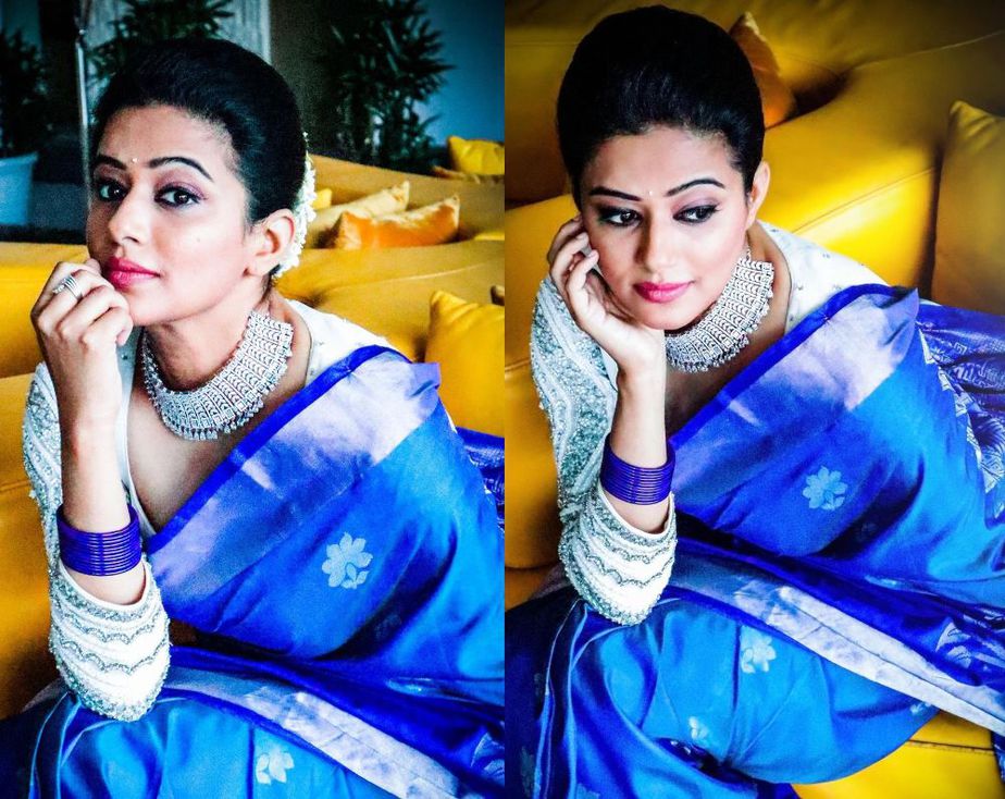 priyamani diwali look in a blue silk saree