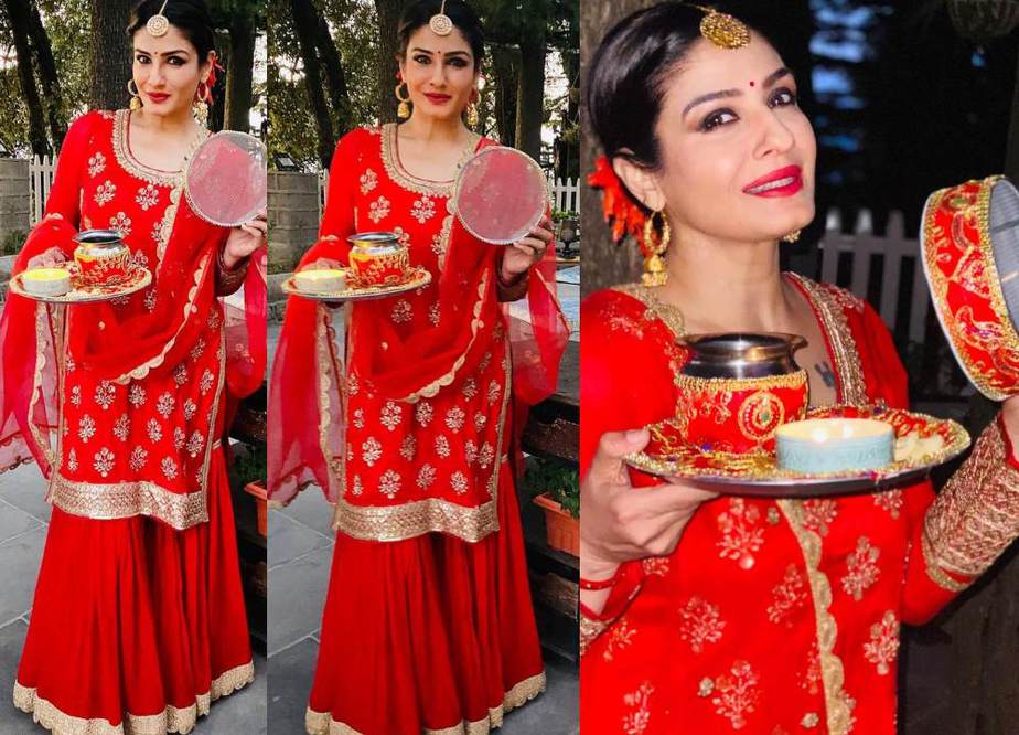 raveena in a red salwar-sharara for karwa chauth-featured image