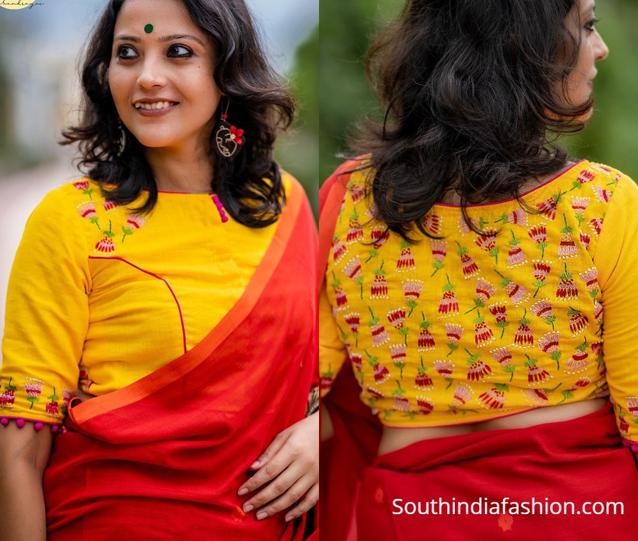 red and yellow blouse with back floral design