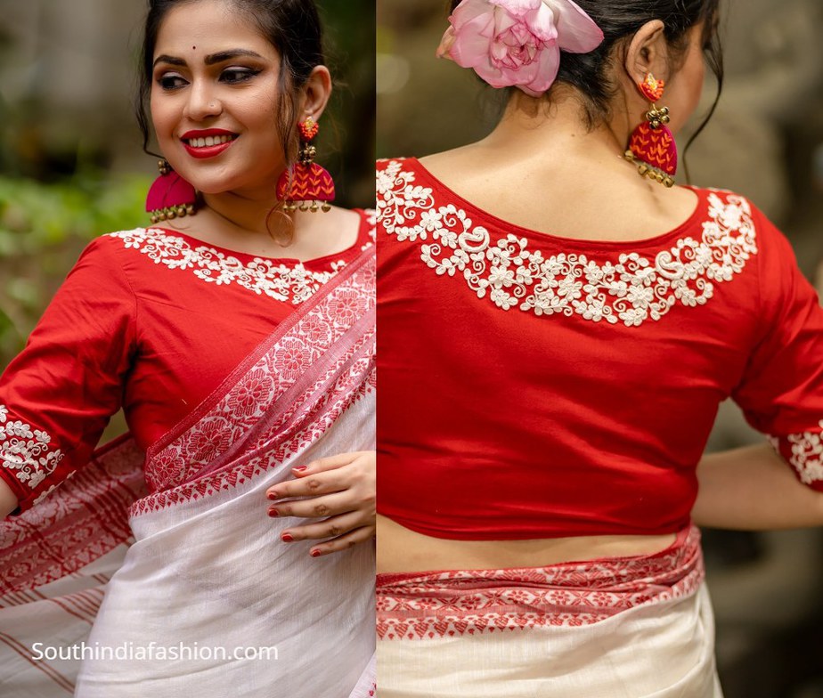 red boatneck blouse with floral embroidery work