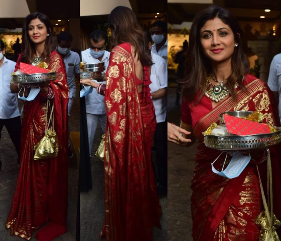 shilpa shetty in red saree for karva chauth