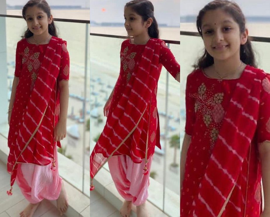 sitara ghattamaneni in a red salwar suit for diwali 2020