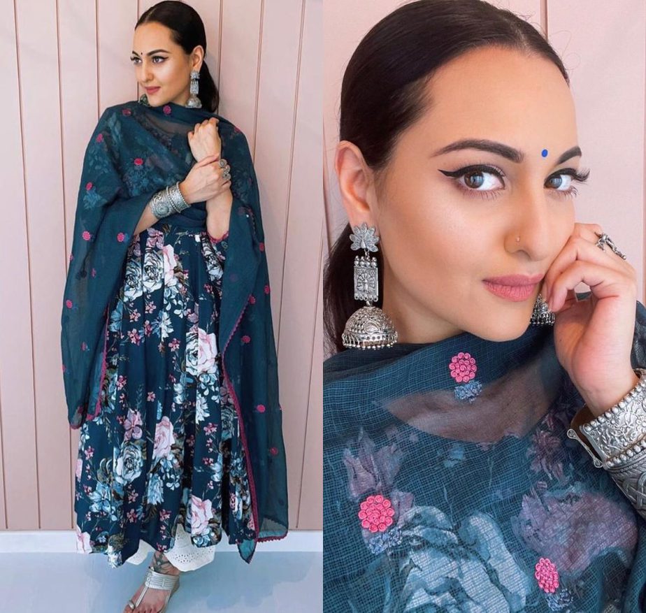 sonakshi sinha in blue anarkali by gulaboo jaipur