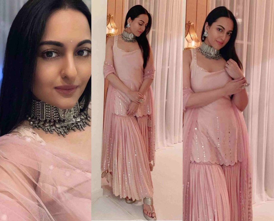 sonakshi sihna in pink sharara in sukriti and aakriti