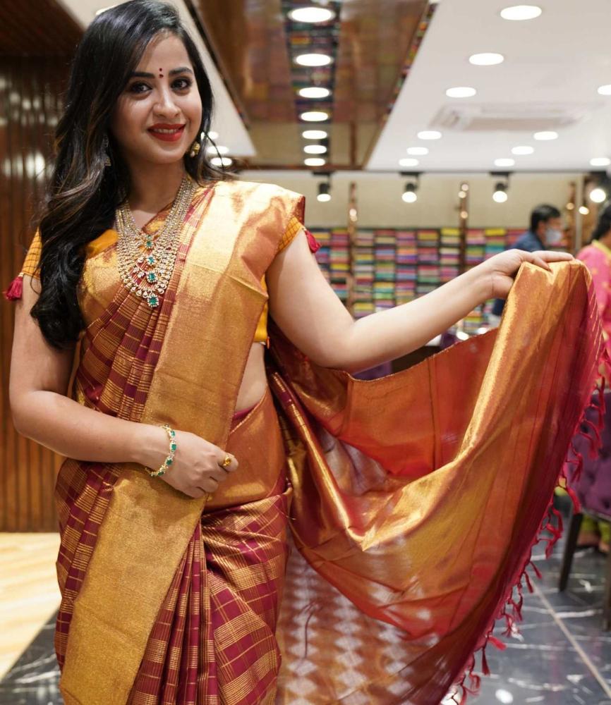 swathi deekshith in red and gold kanchipuram silk saree