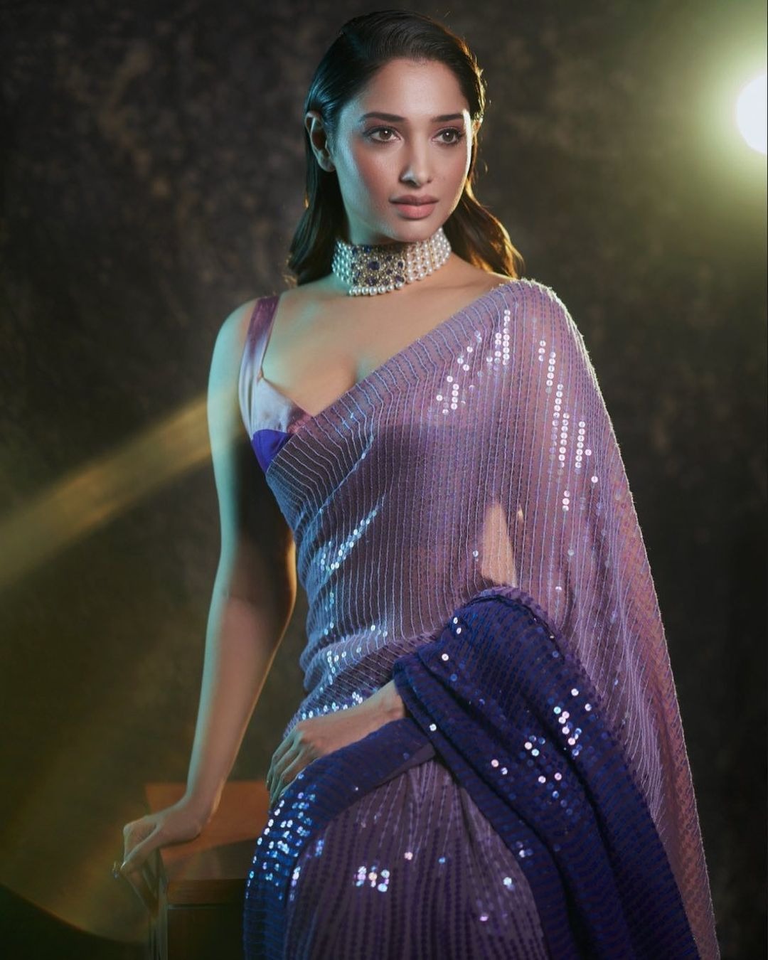 tamannaah manish malhotra purple sequin saree