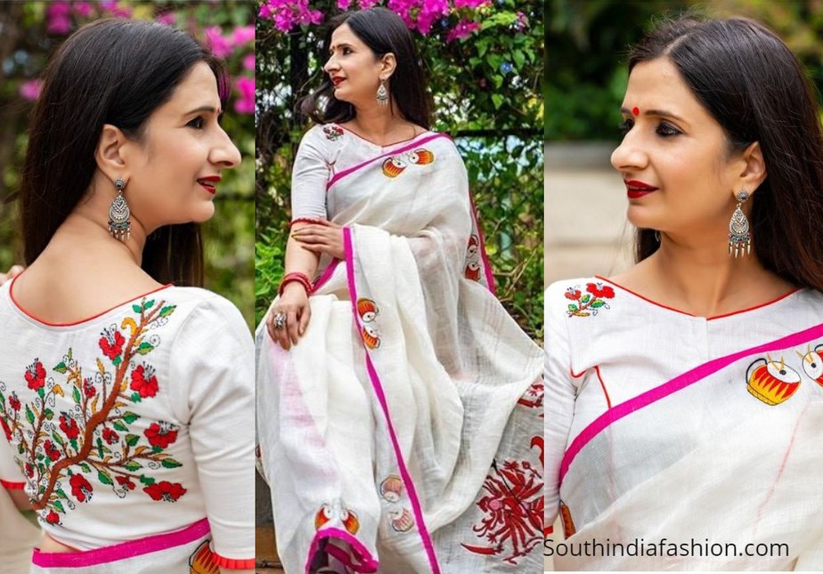 white saree with pink floral design blouse