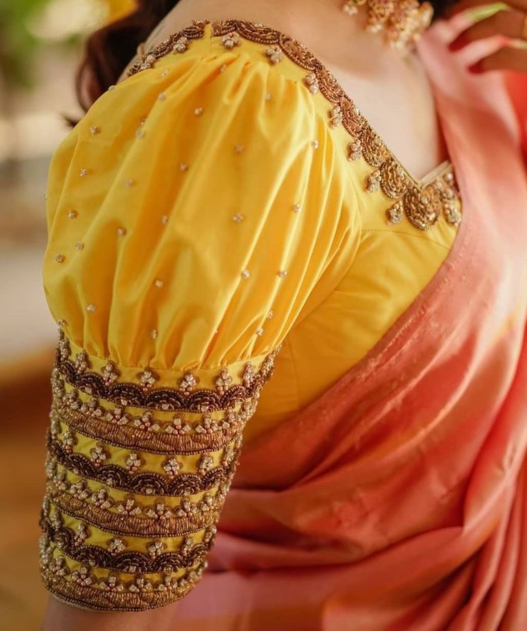 yellow bridal blouse with pearl work and puff sleeves