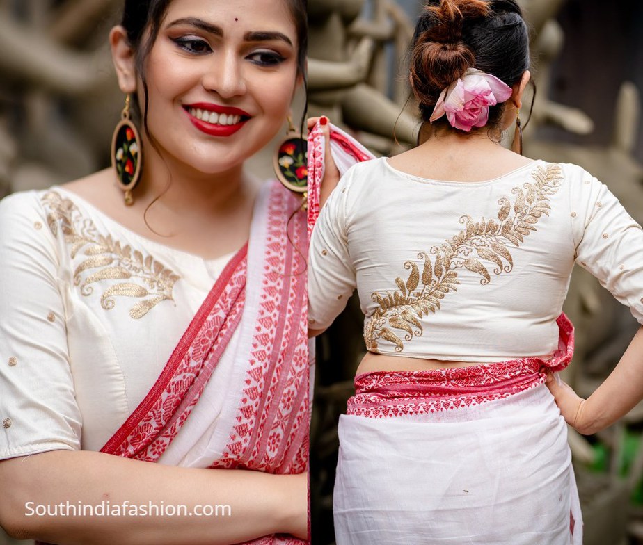 zari work cholis on white fabric from motif by chandrayee