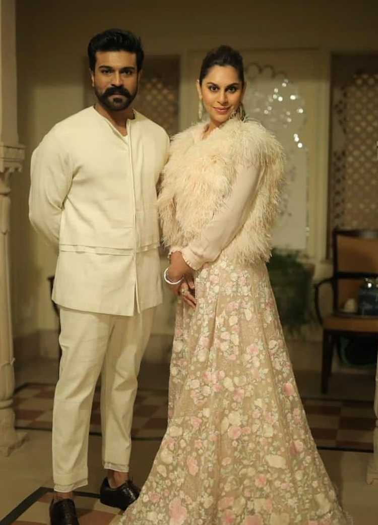 Ram charan and Upasana Konidela in off white outfits for NishChay mehndi (2)