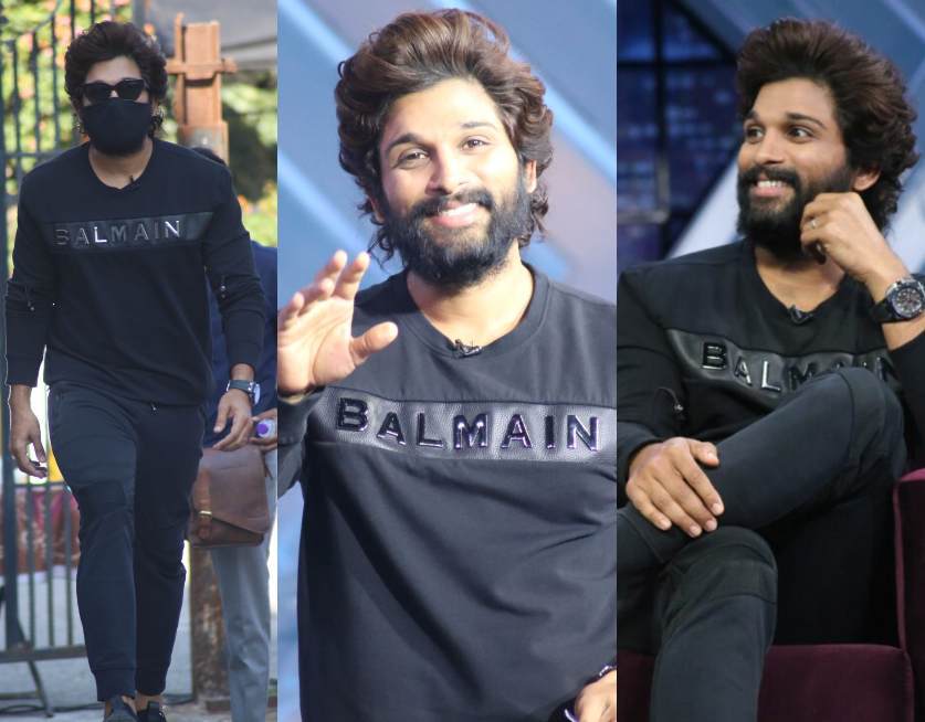 allu arjun in blamian black tshirt for samjam show (2)