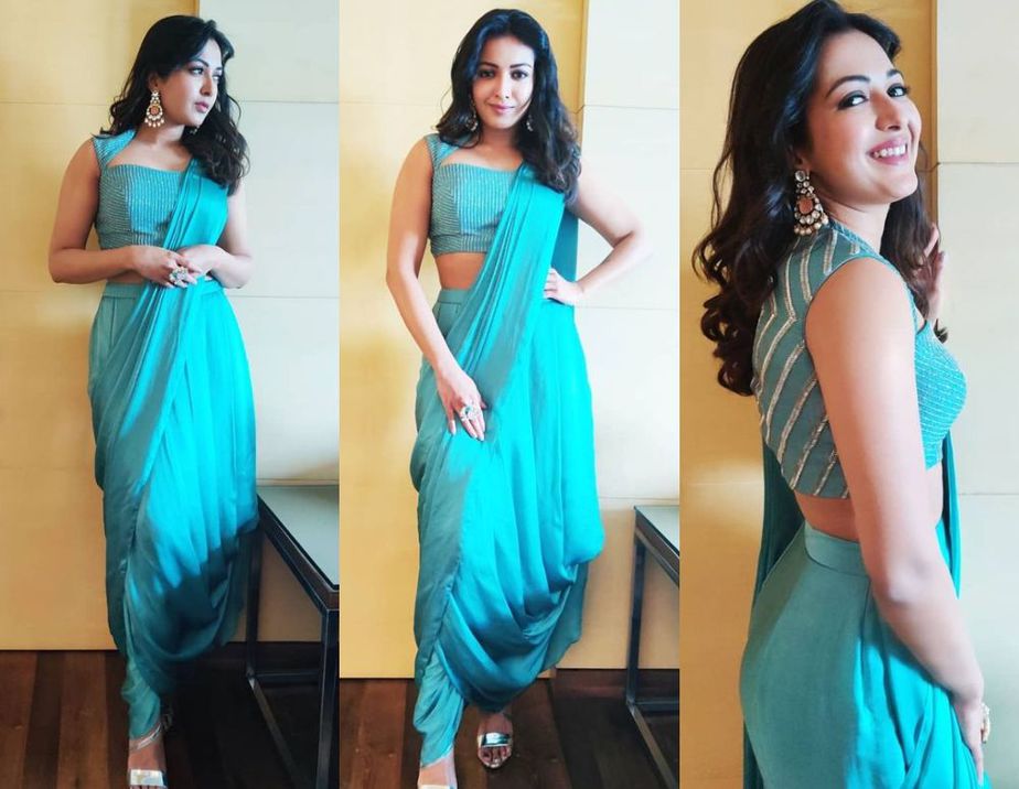 catherine tresa in blue dhoti saree