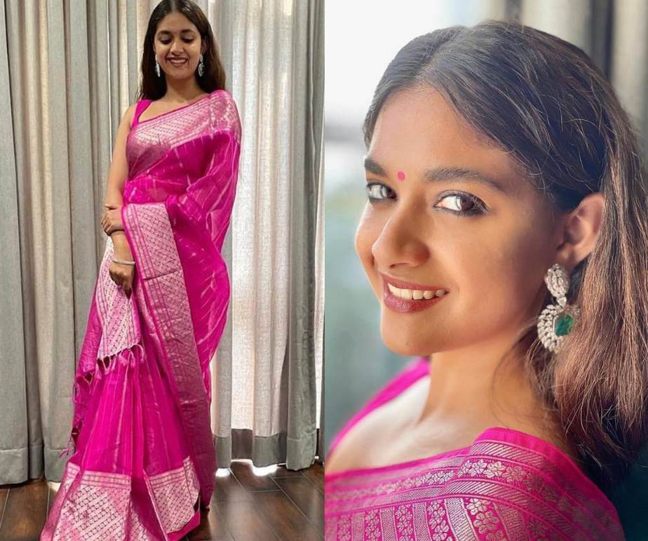 keerthy suresh in pink saree attending friends wedding