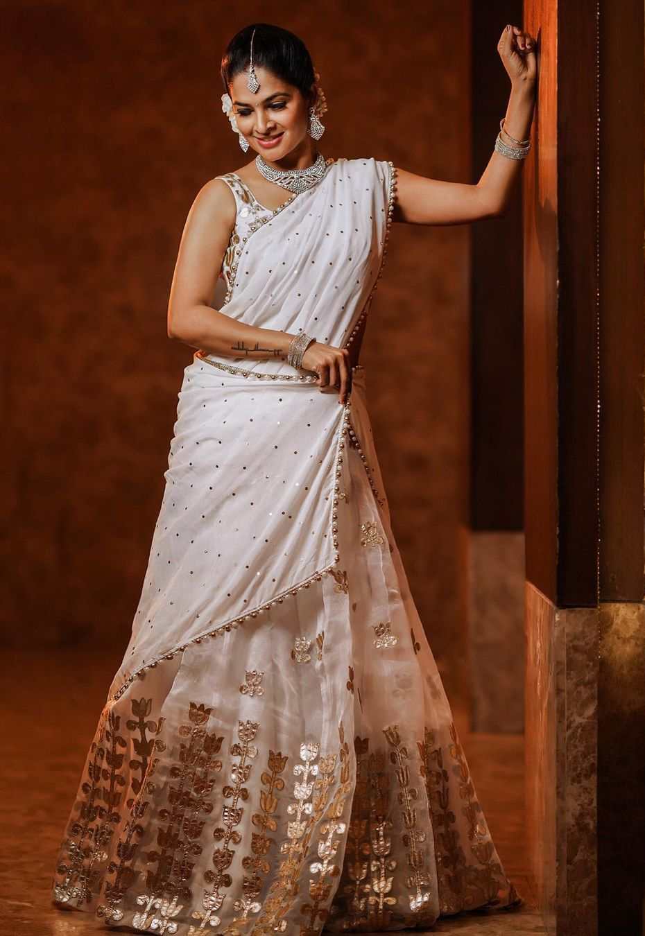 madhumita siva balaji in white gold half saree