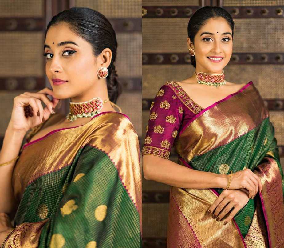 regina cassandra in silk green saree