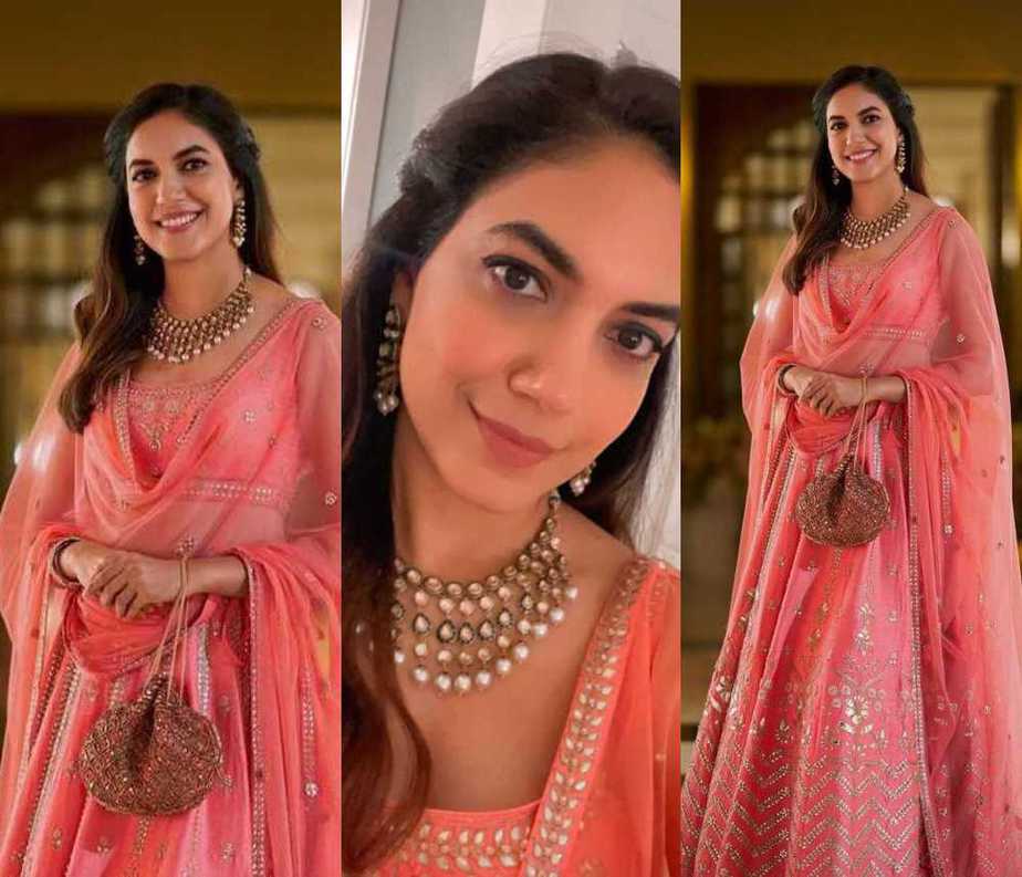 ritu varma in pastel colour lehenga by anita dongre for niharika's wedding featured