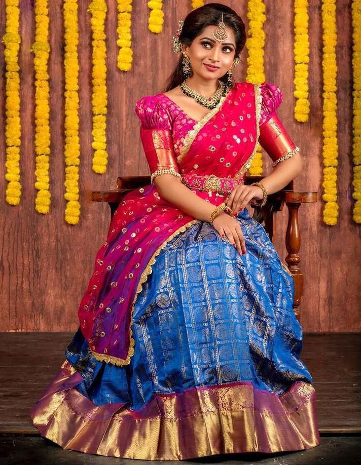 traditional pink blue silk half saree lehenga