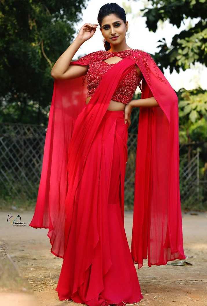 varshini sounderajan pink pre-draped saree with cape