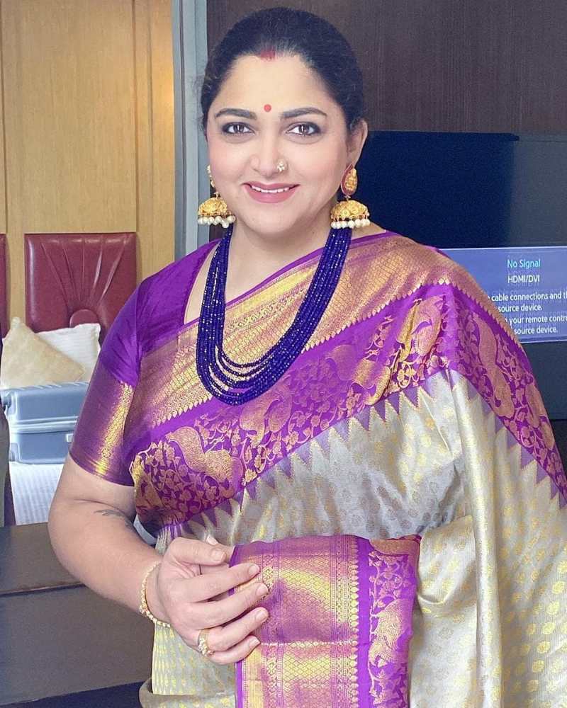 actress politician khushbu sundar purple silk saree