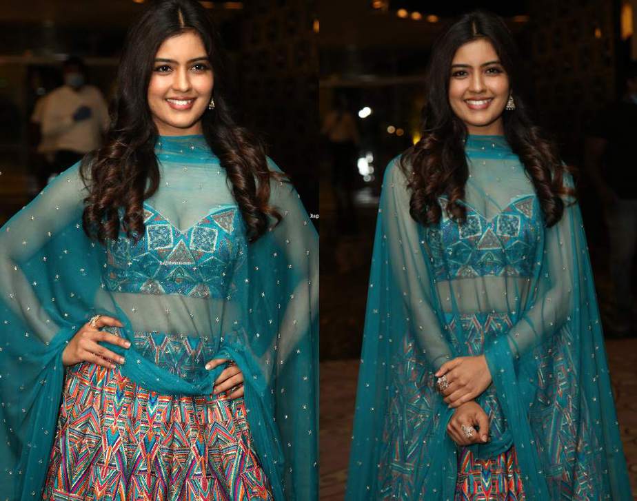 amritha aiyer in blue lehenga at red prerelease event