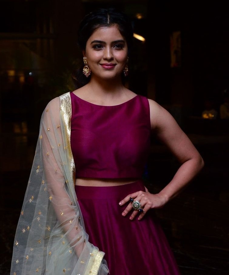 amritha aiyer in maroon lehenga at 30 Rojullo Preminchadam Ela movie prerelease event