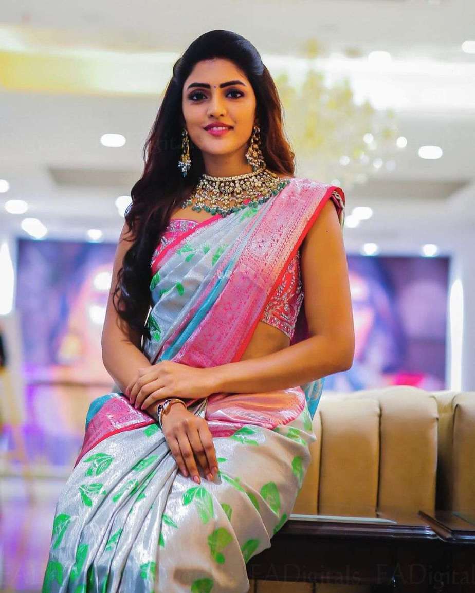 eesha rebba makar sankranthi 2021 in pink and silver silk saree