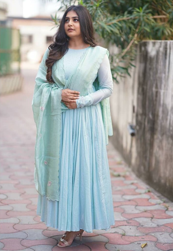 manjima mohan in a mint green anarkali