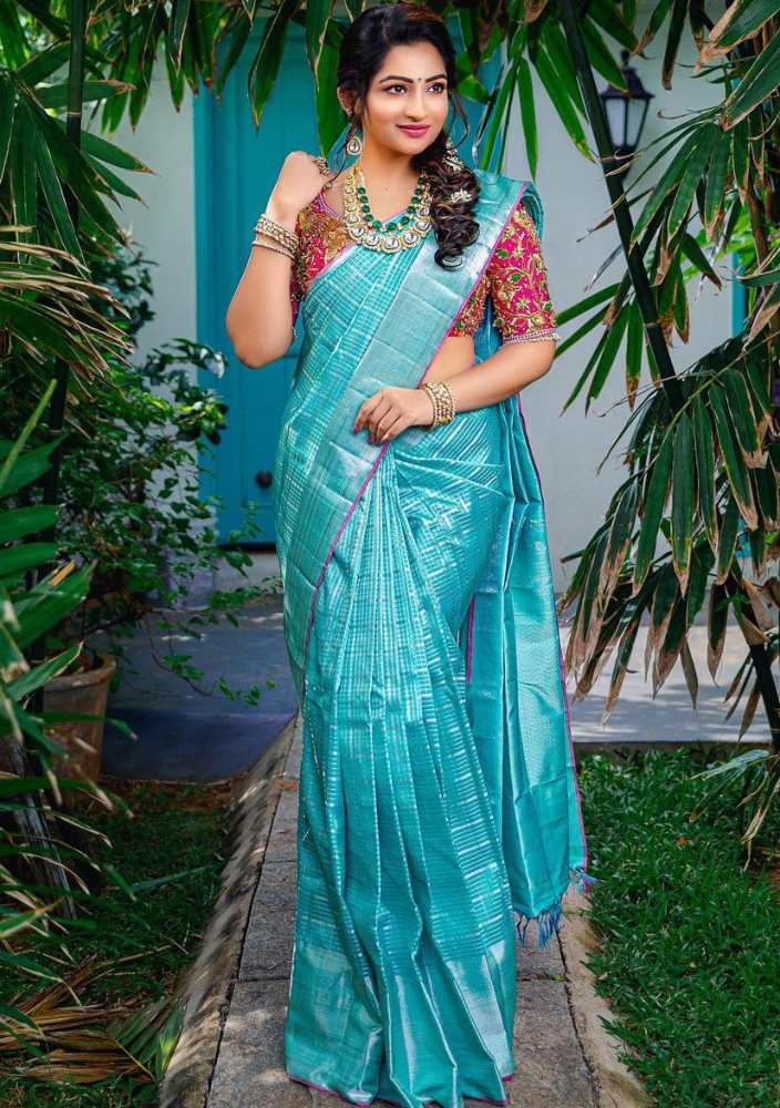 nakshatra nagesh blue silk saree and pink designer blouse