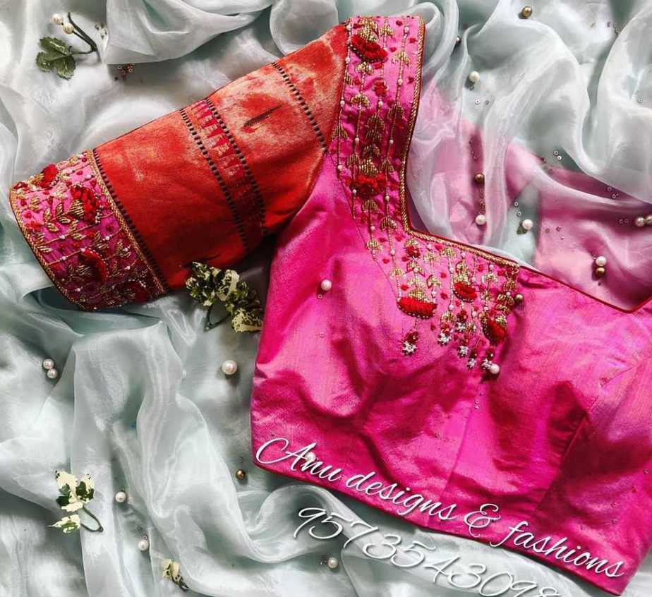 pink silk saree designer blouse with maggam work and red sleeves