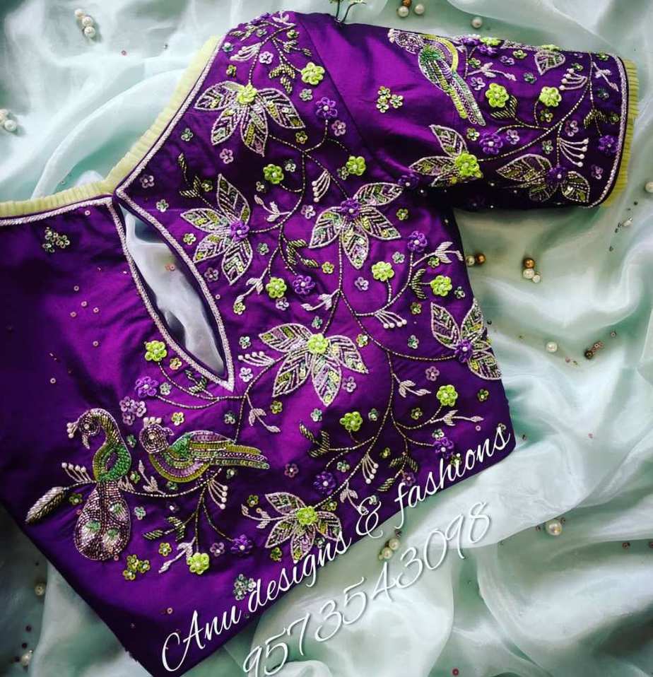 purple floral embroidery work blouse with back hole