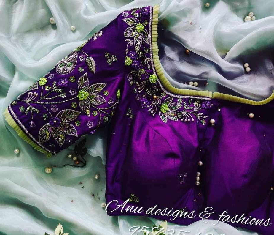 purple silk saree blouse with latest designs