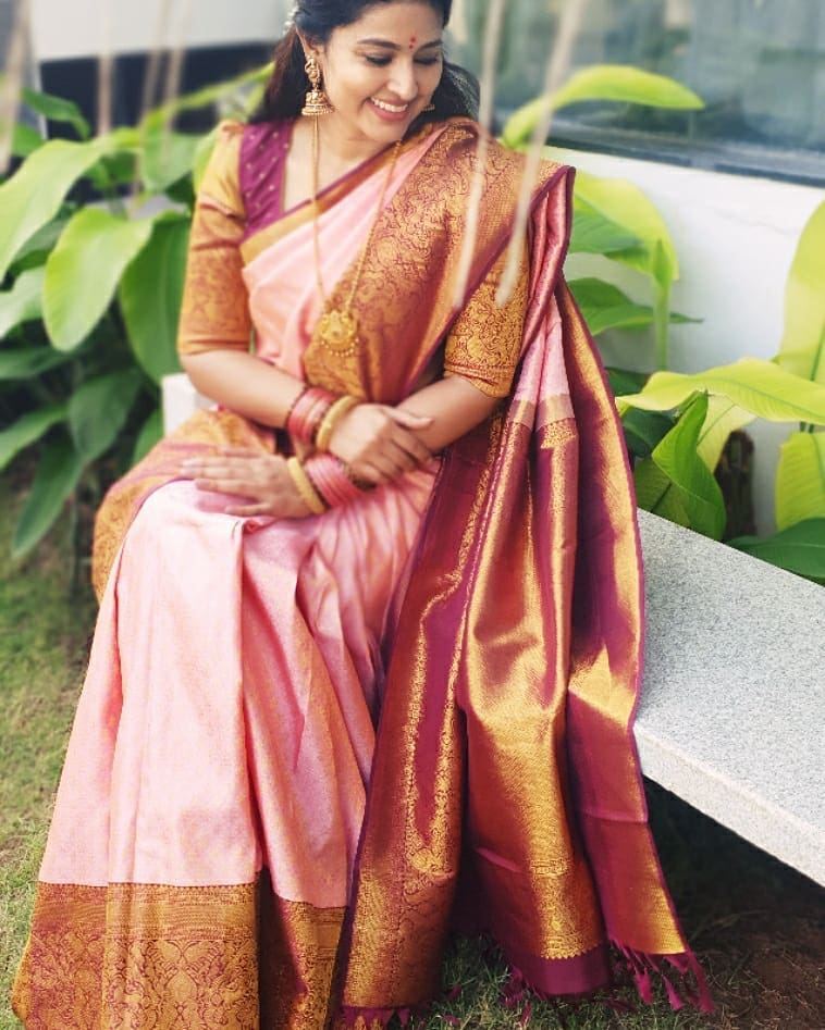 sneha prasanna in baby pink violet kanjeevaram saree for pongal