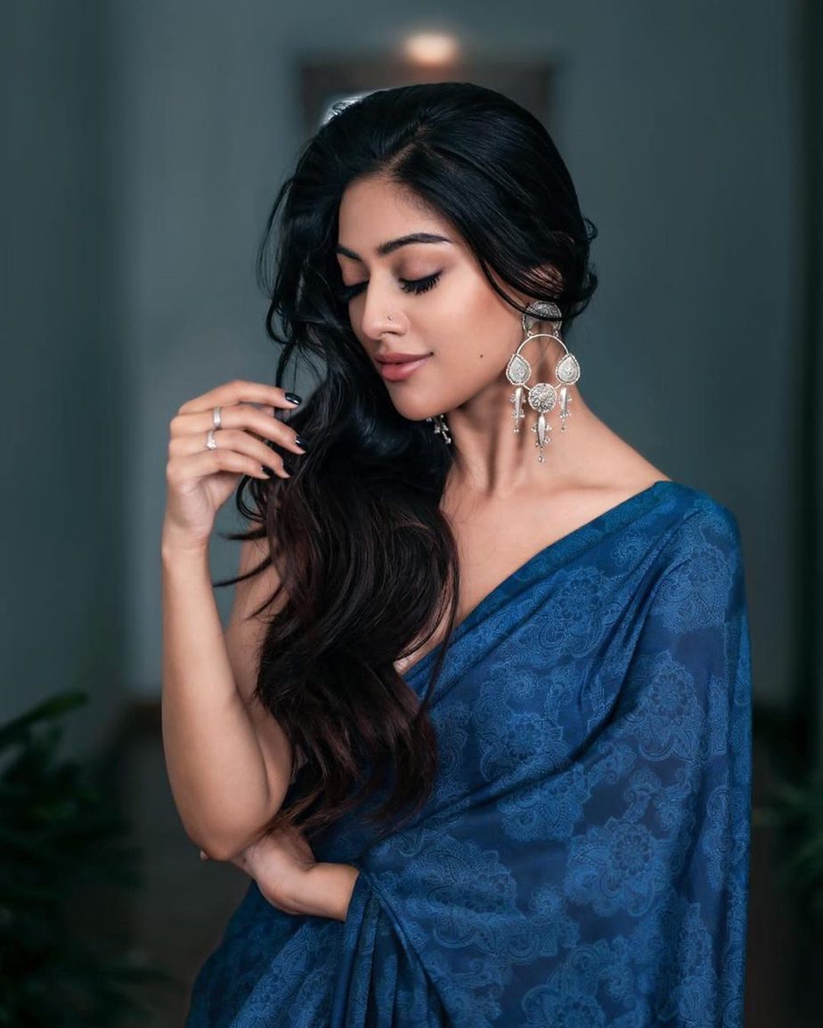 Anu emmanuel in a blue saree by geethika kanumili for an event in Hyderabad2