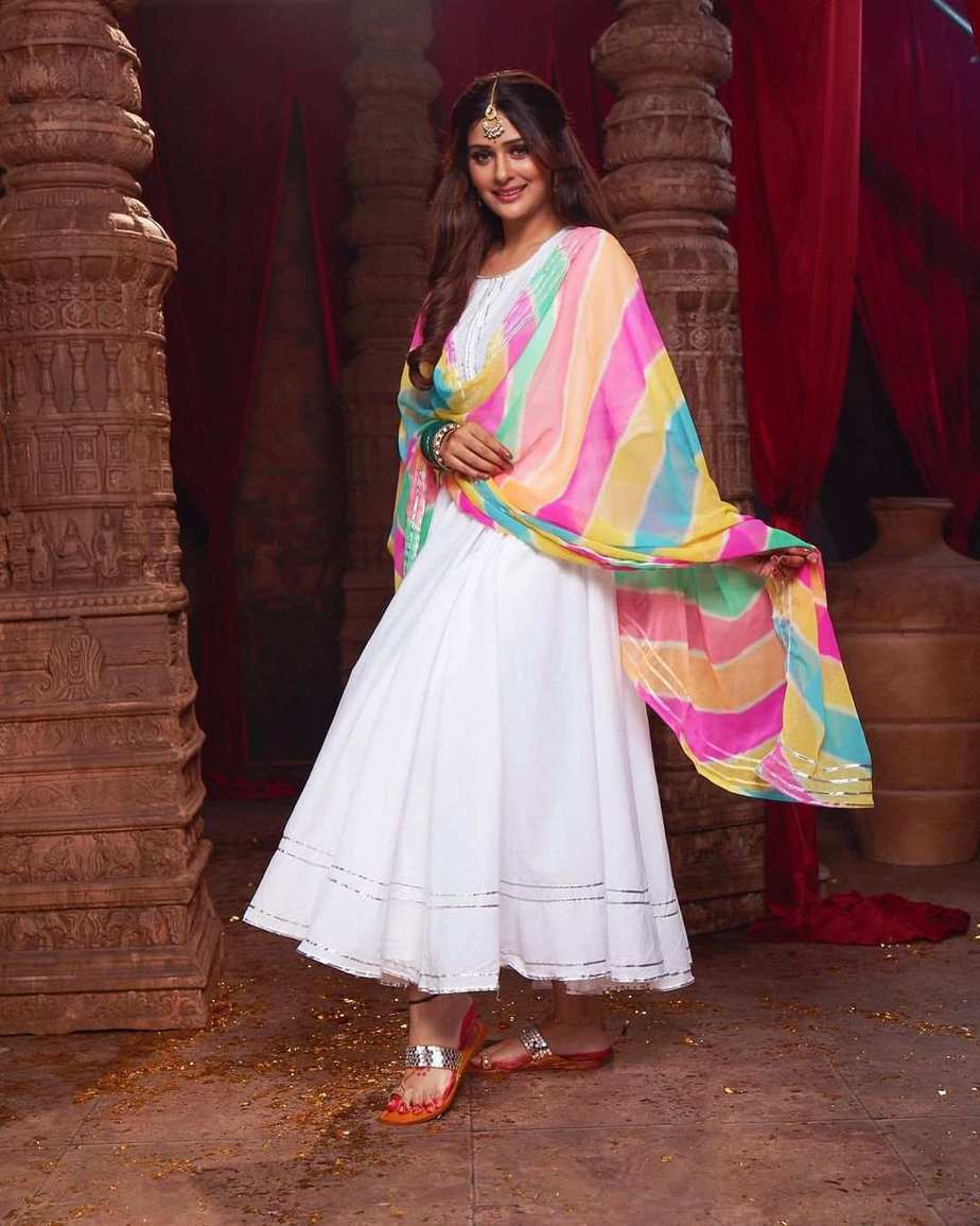 White anarkali with colourful sales dupatta
