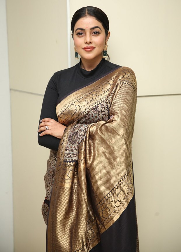 Shamna kasim in black and gold silk saree at sundari trailer launch