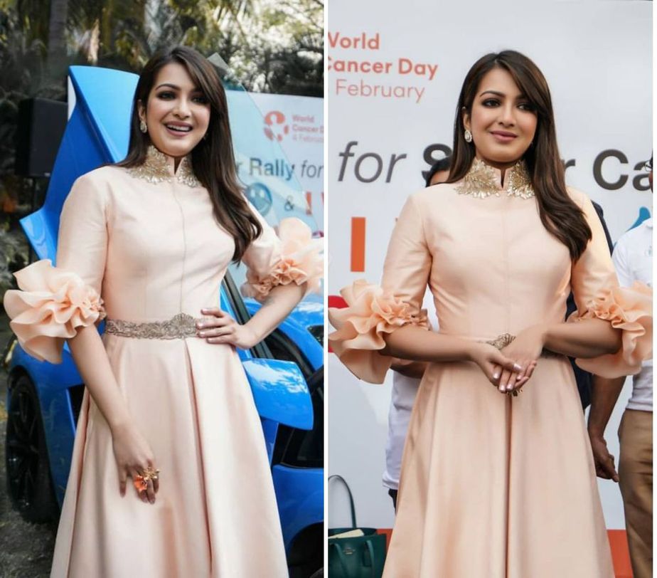 catherine tresa in a long gown at cancer awareness super car rally hyderabad