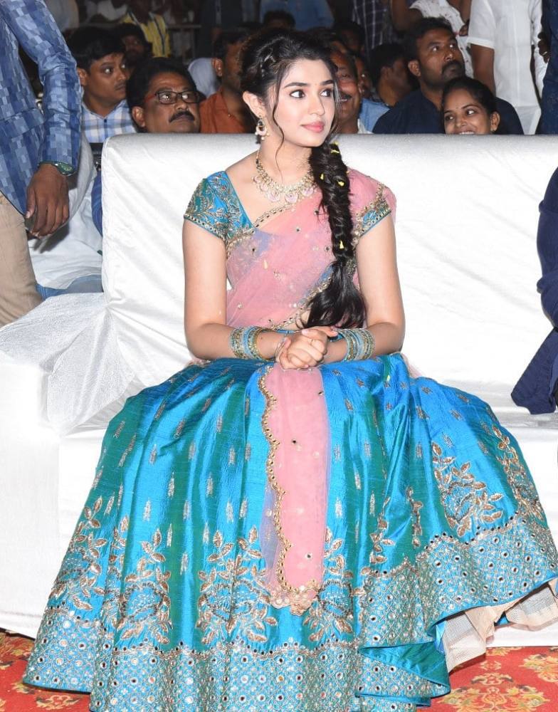 krithi shetty in blue lehenga at uppena blockbuster celebration event